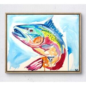 WS original salmon fish hand painted 14X11 canvas acrylic abstract modern art